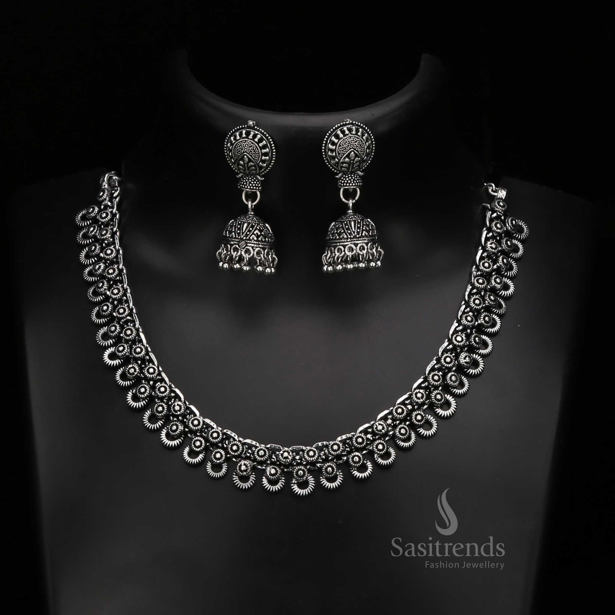 Timeless Tanvi Oxidised Silver Choker With Traditional Jhumka – A Classic Folk Touch and Tribal Fusion Jewellery Ensemble Crafted for Artistic Ethnic Styling by Sasitrends