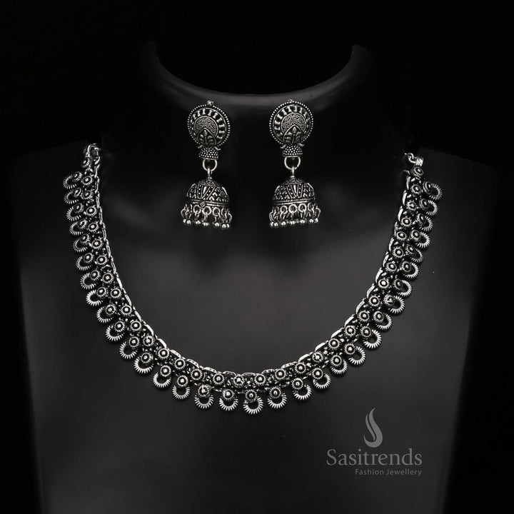 Tanvi Oxidised Choker Jewellery Set with Traditional Jhumka in Antique Gold and Oxidised Silver - Sasitrends