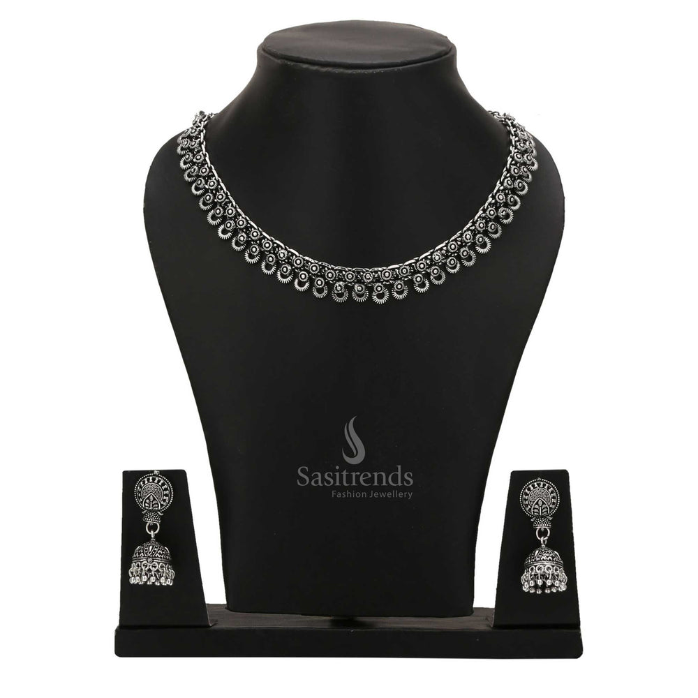 Timeless Tanvi Oxidised Silver Choker With Traditional Jhumka – A Classic Folk Touch and Tribal Fusion Jewellery Ensemble Crafted for Artistic Ethnic Styling by Sasitrends