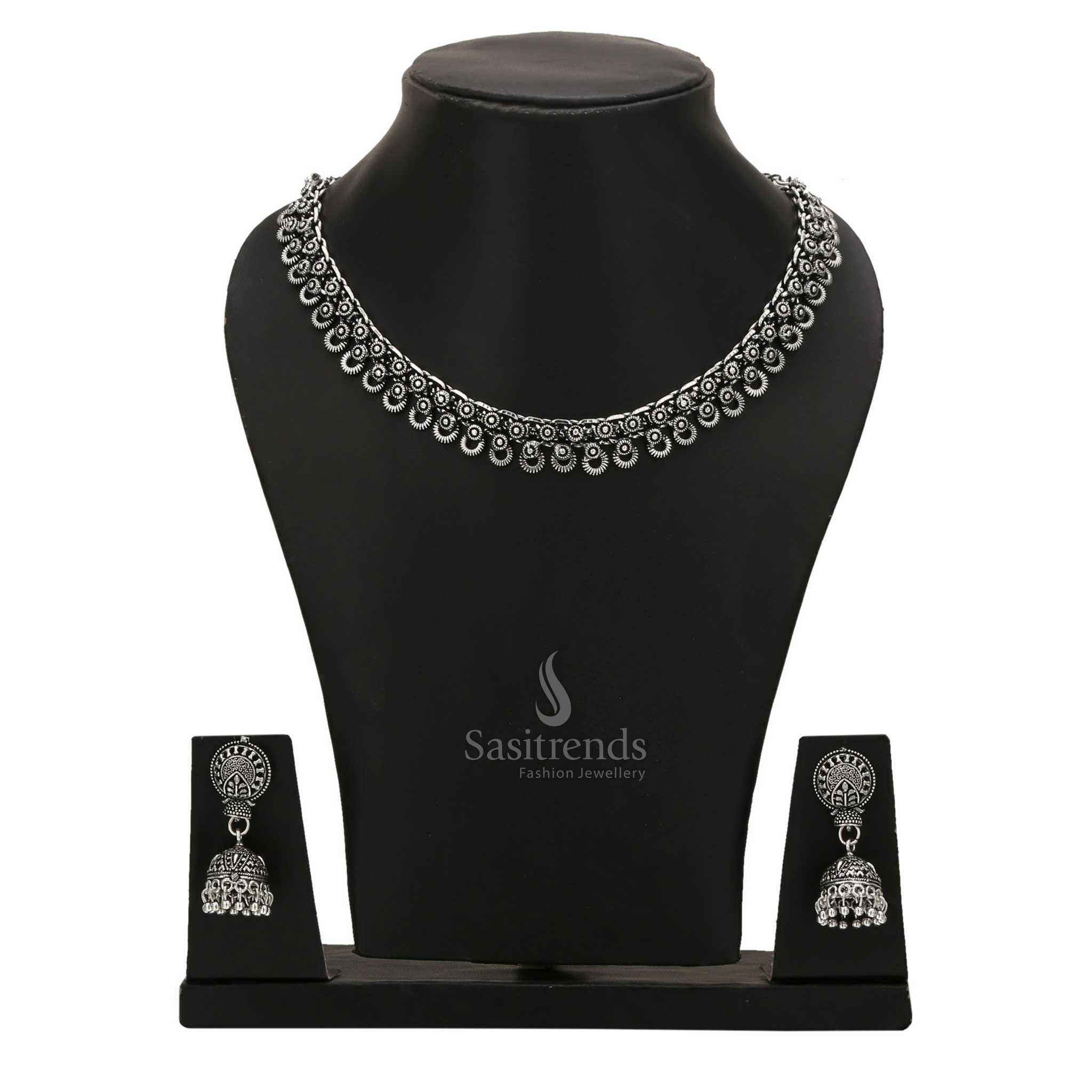 Timeless Tanvi Oxidised Silver Choker With Traditional Jhumka – A Classic Folk Touch and Tribal Fusion Jewellery Ensemble Crafted for Artistic Ethnic Styling by Sasitrends