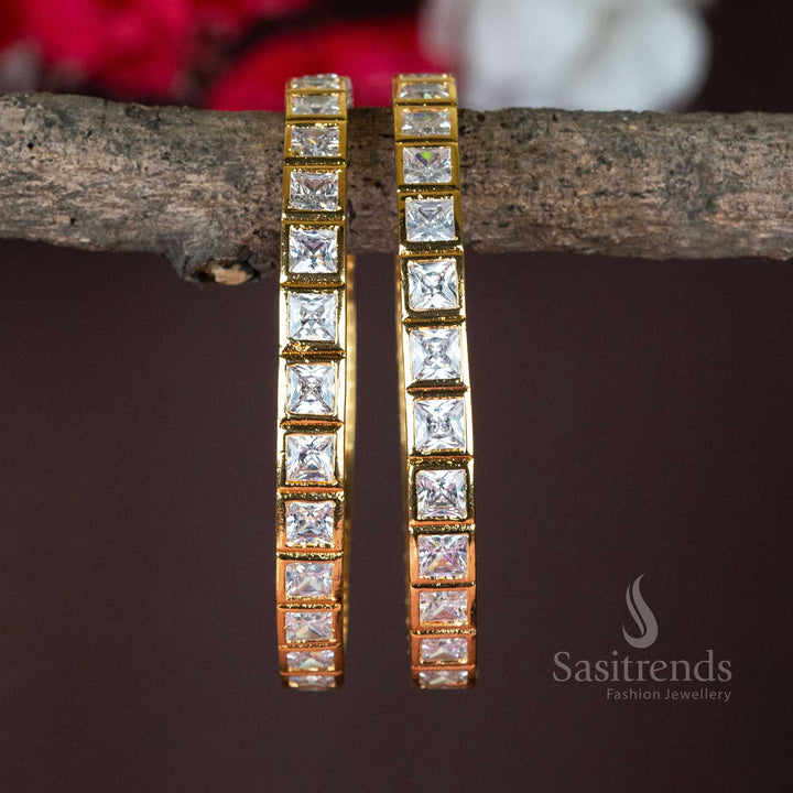 Premium white American diamond bangles, micro gold-finished with a classic square design, a stylish party wear jewellery piece for women - Sasitrends