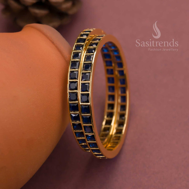 Luxury square blue AD bangles, featuring a micro gold finish and premium American diamond stones - Sasitrends