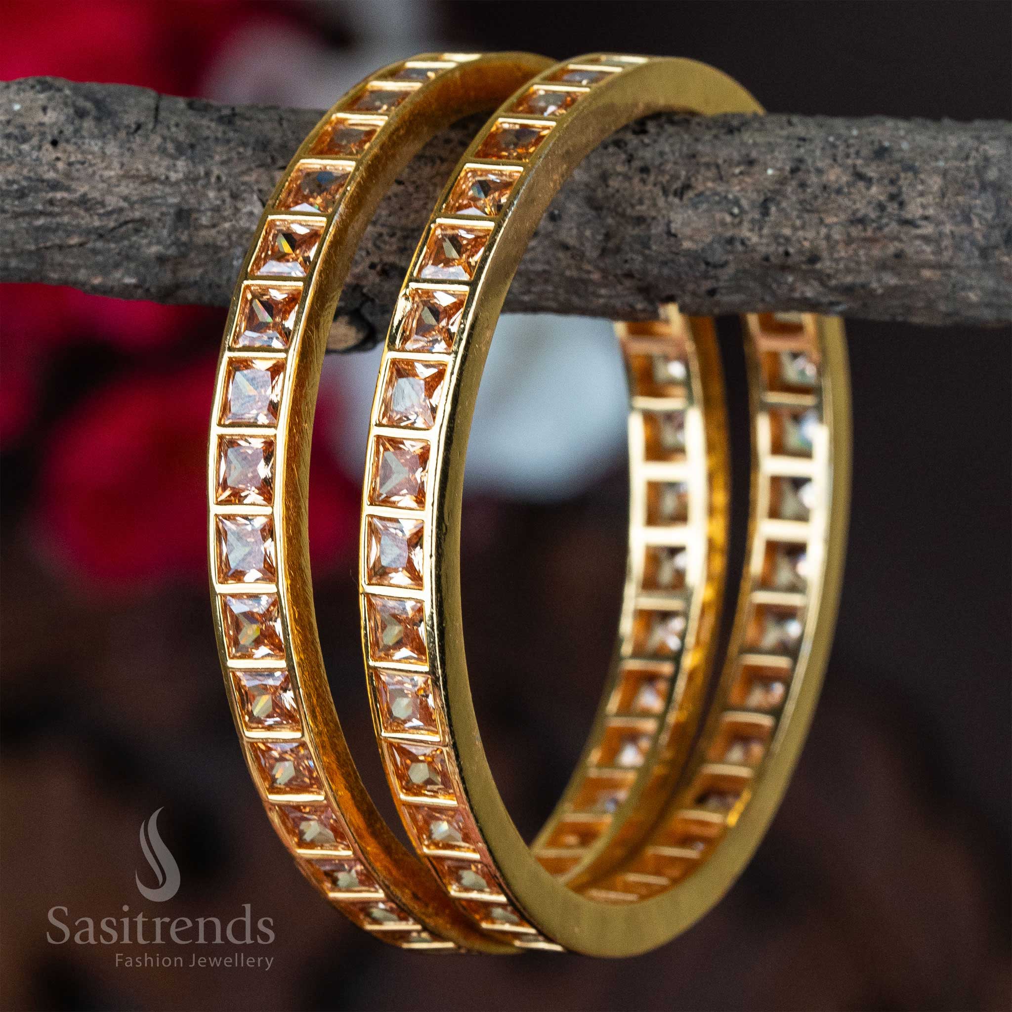 Exclusive square honey AD bangles, micro gold-polished with fancy traditional detailing, an ideal party wear jewellery choice for women - Sasitrends