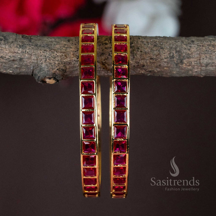 Premium square ruby AD bangles, micro gold-finished with exclusive craftsmanship, a perfect festive jewellery piece for women - Sasitrends