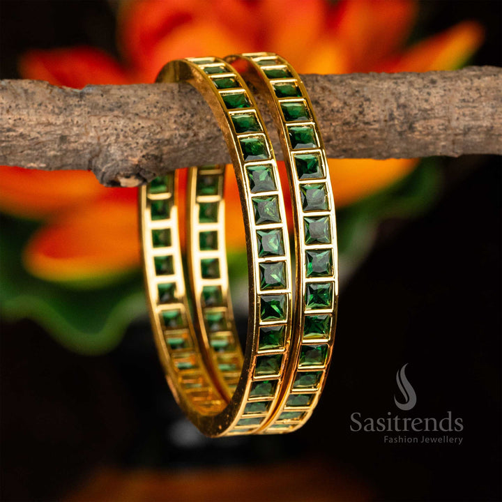  Elegant square green AD bangles, finished with micro gold plating and exquisite American diamond stones - Sasitrends