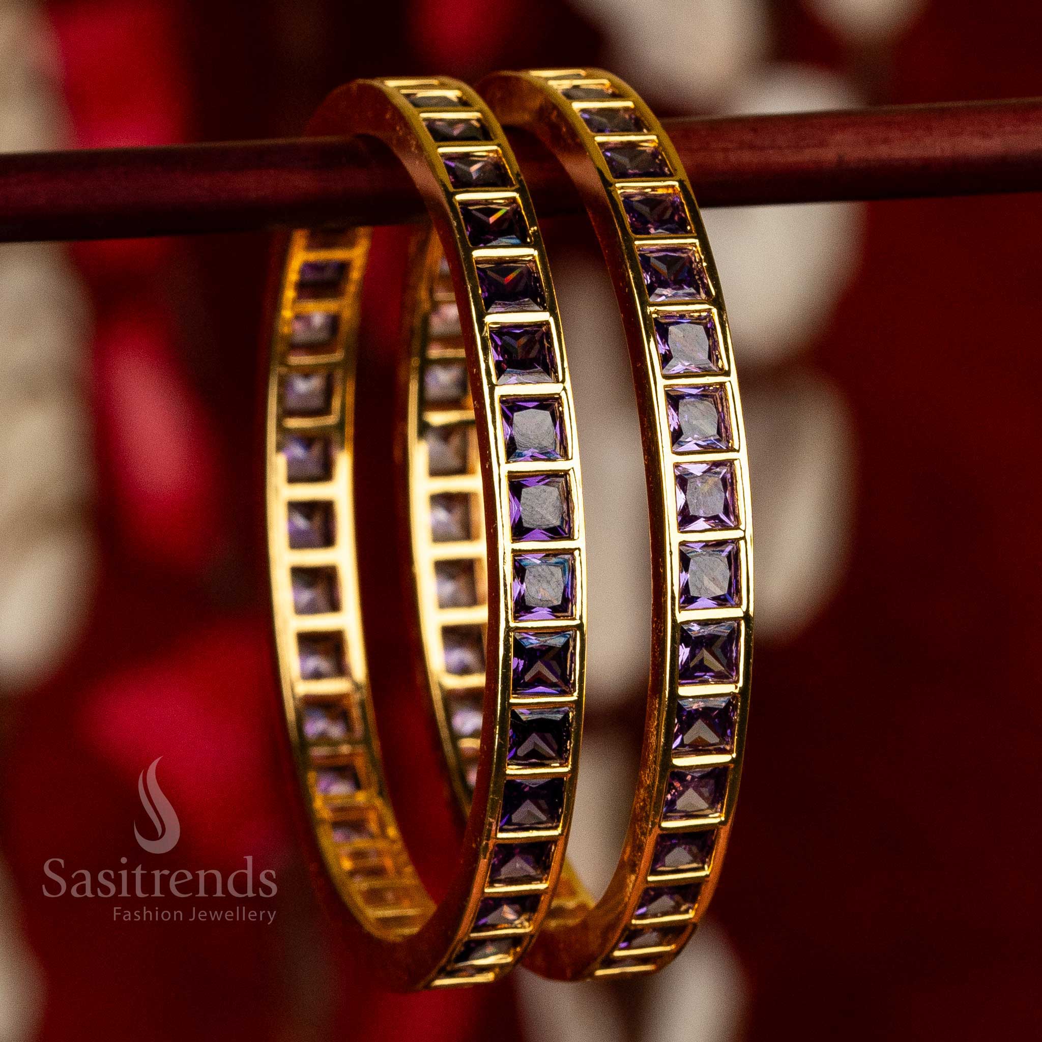 Exclusive micro gold-plated square purple AD bangles, beautifully studded with premium American diamonds - Sasitrends