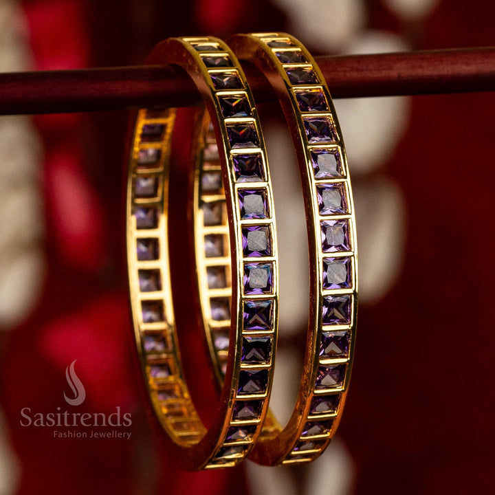 Exclusive micro gold-plated square purple AD bangles, beautifully studded with premium American diamonds - Sasitrends