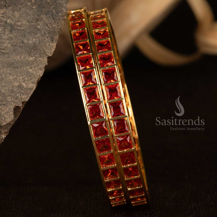 Classic square orange AD bangles, micro gold-polished for a stylish traditional look, an ideal party wear jewellery piece for women - Sasitrends