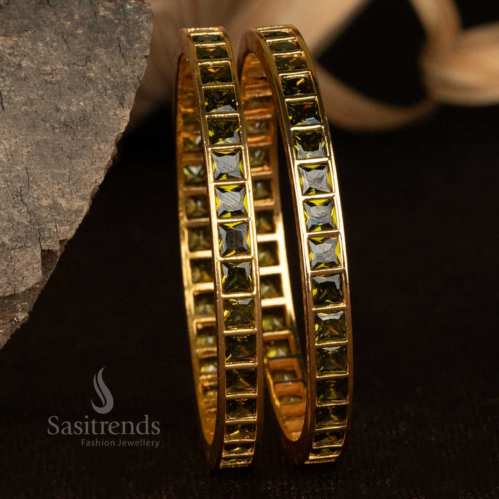 Exclusive micro gold-plated square henna-green AD bangles, featuring premium American diamonds, a perfect women’s traditional jewellery selection - Sasitrends