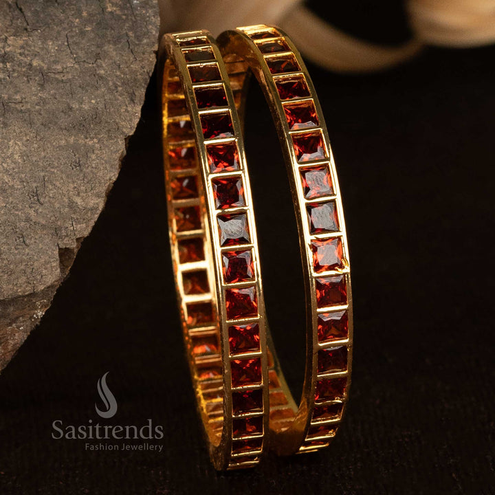 Royal square garnet AD bangles, micro gold-finished with a luxurious shine, a statement-making traditional jewellery piece - Sasitrends