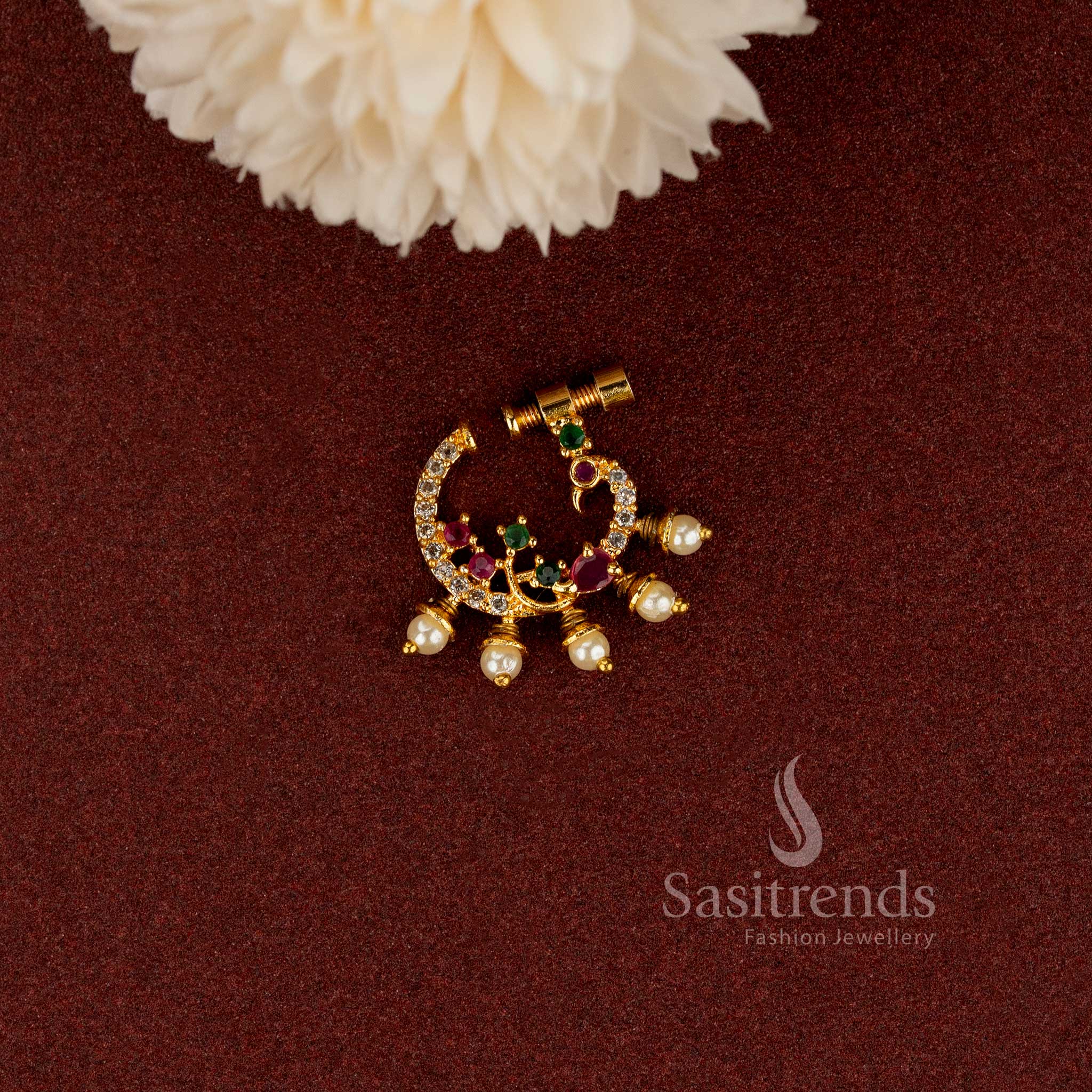 Detailed Peacock Head CZ Nosepin with Ruby Emerald Stones and Five Pearl Bead Fringe - Sasitrends