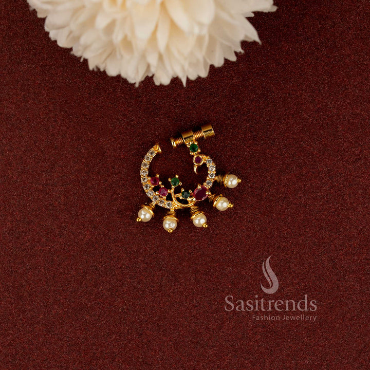 Detailed Peacock Head CZ Nosepin with Ruby Emerald Stones and Five Pearl Bead Fringe - Sasitrends