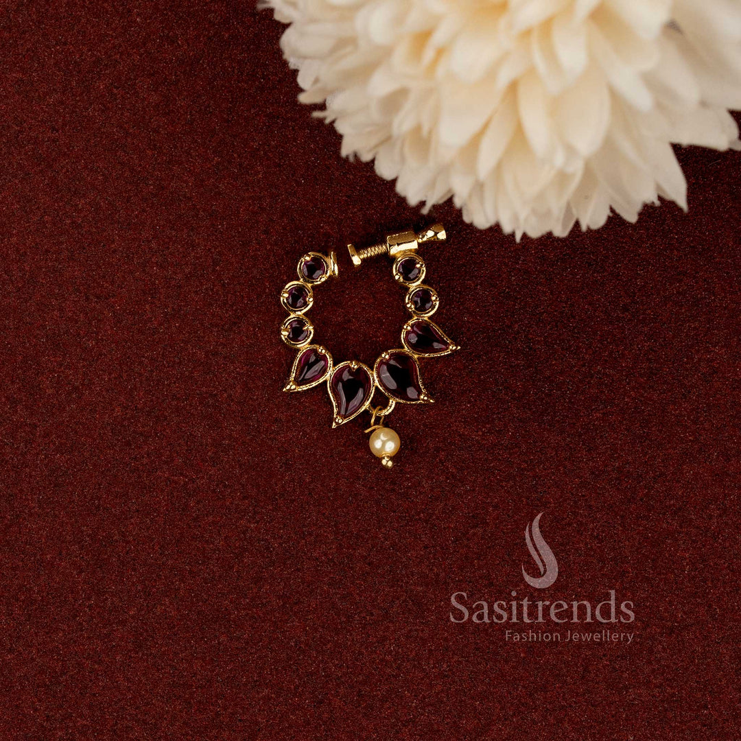 Gold Plated Non-Piercing Adjustable Ruby Mango Leaf Pearl Drop Nose Pin - Sasitrends