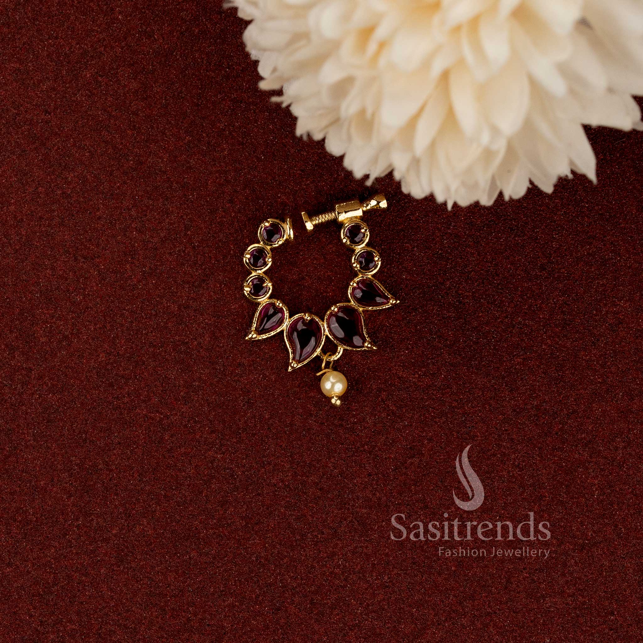 Gold Plated Non-Piercing Adjustable Ruby Mango Leaf Pearl Drop Nose Pin - Sasitrends