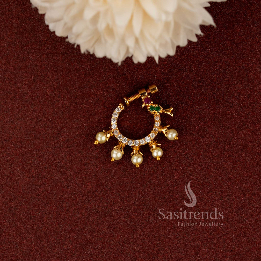 AD Gold Plated Non-Piercing Peacock White CZ Pearl Fringe Nose Pin - Sasitrends