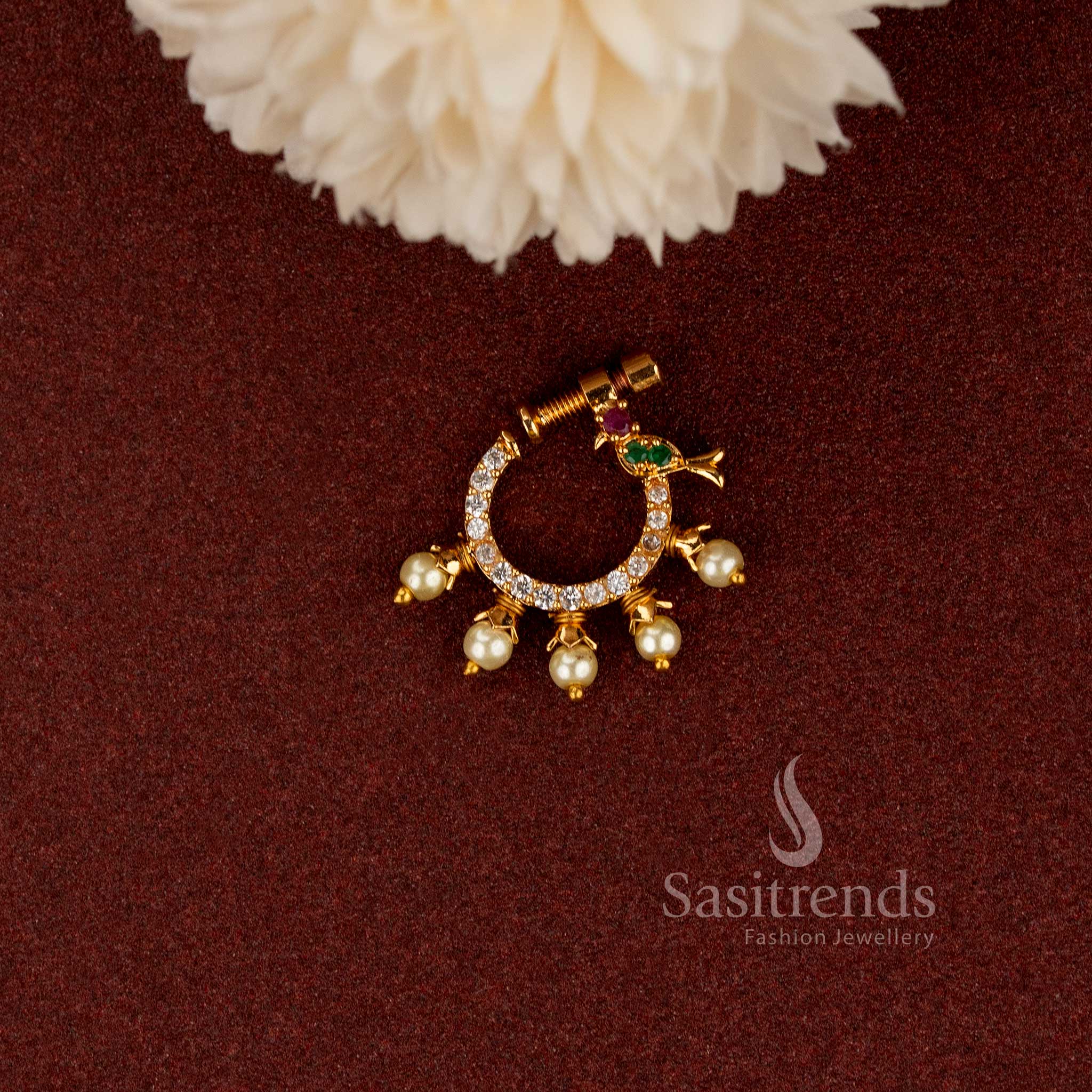 AD Gold Plated Non-Piercing Peacock White CZ Pearl Fringe Nose Pin - Sasitrends