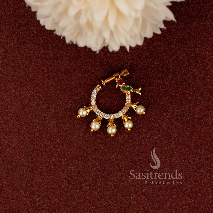 AD Gold Plated Non-Piercing Peacock White CZ Pearl Fringe Nose Pin - Sasitrends