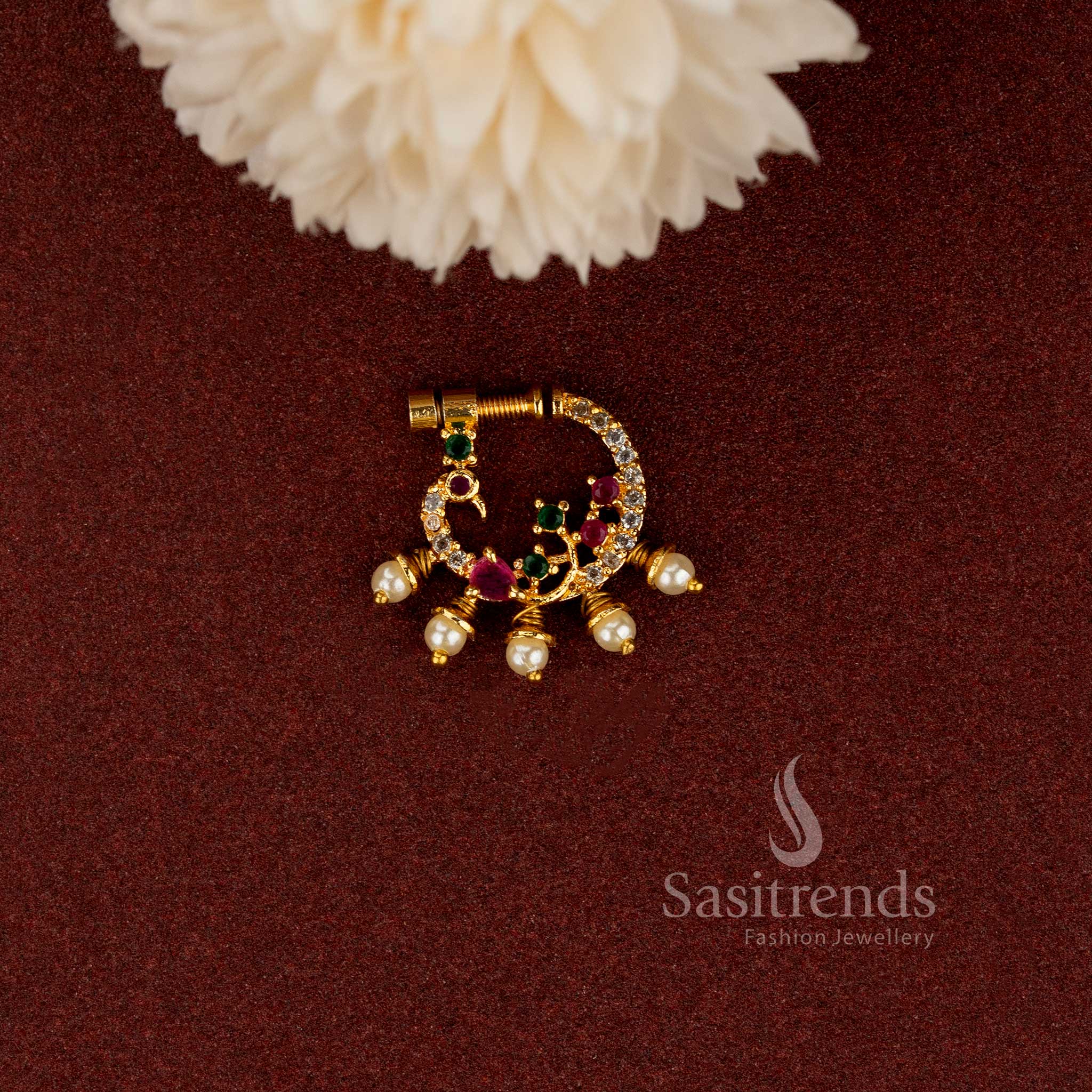 AD Gold Plated Non-Piercing Peacock Multi-Stone Pearl Fringe Nose Pin - Sasitrends