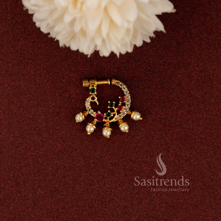 AD Gold Plated Non-Piercing Peacock Multi-Stone Pearl Fringe Nose Pin - Sasitrends
