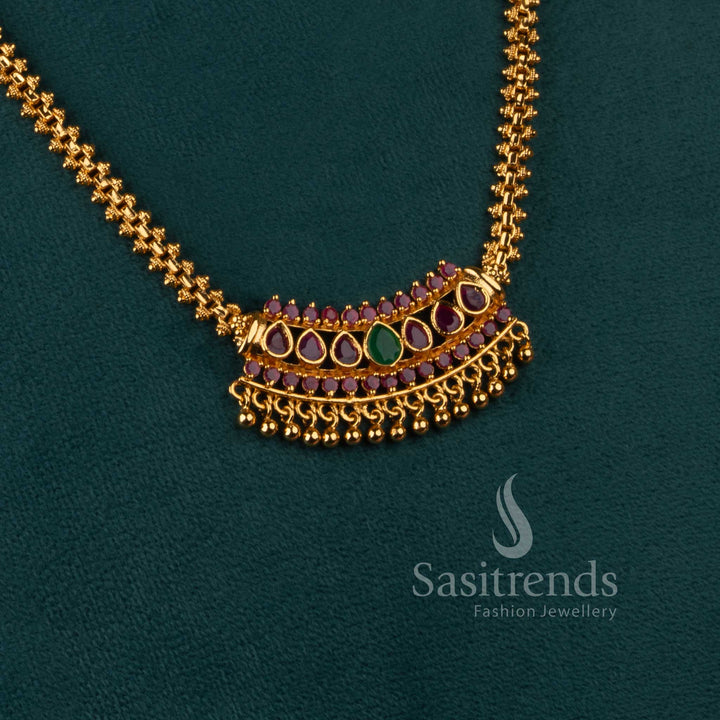 Trendy micro gold plated necklace with ruby and green AD stones, eye-catching design - Sasitrends