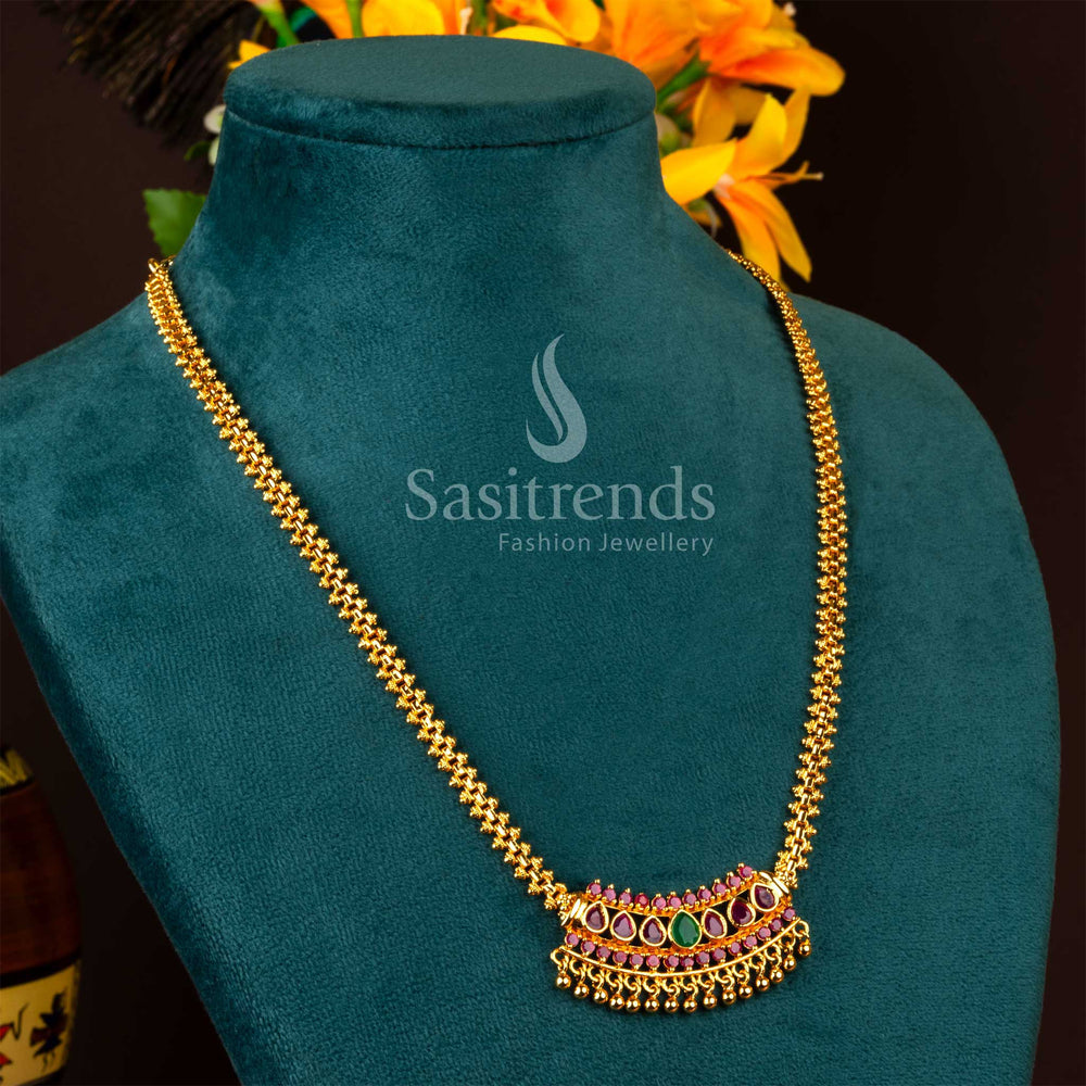 Trendy micro gold plated necklace with ruby and green AD stones, eye-catching design - Sasitrends