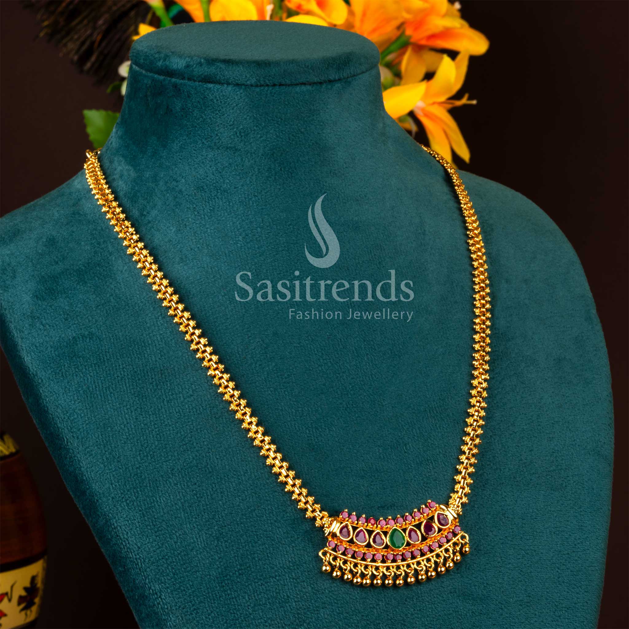 Trendy micro gold plated necklace with ruby and green AD stones, eye-catching design - Sasitrends