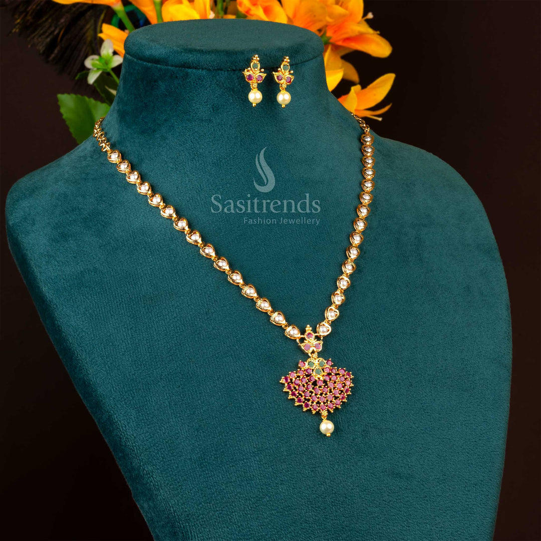 Floral Pendant Pearl Chain Necklace Set with Earrings Micro Gold