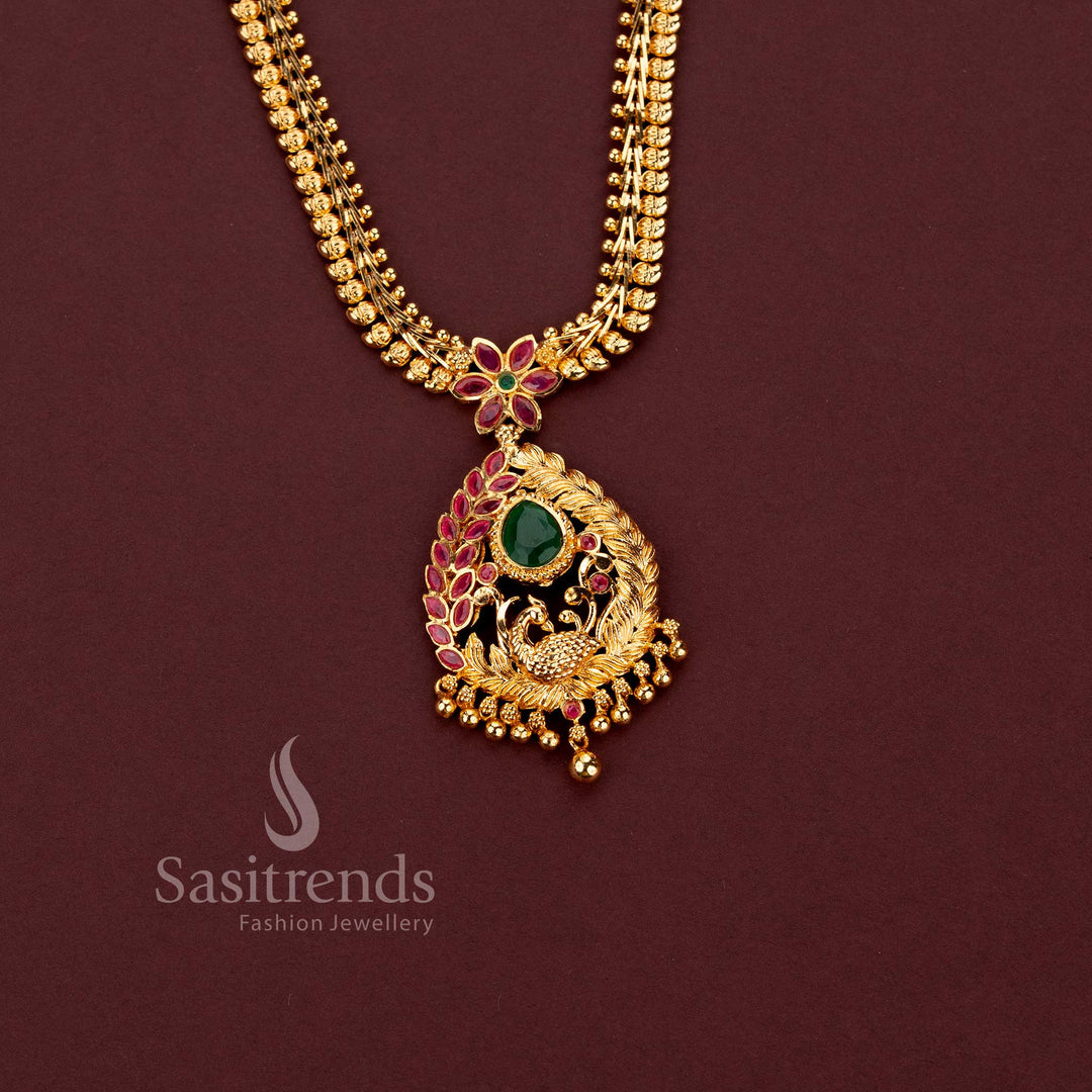 One Gram 24K Micro Gold Plated Peacock AD Stone Drop Necklace - Sasitrends