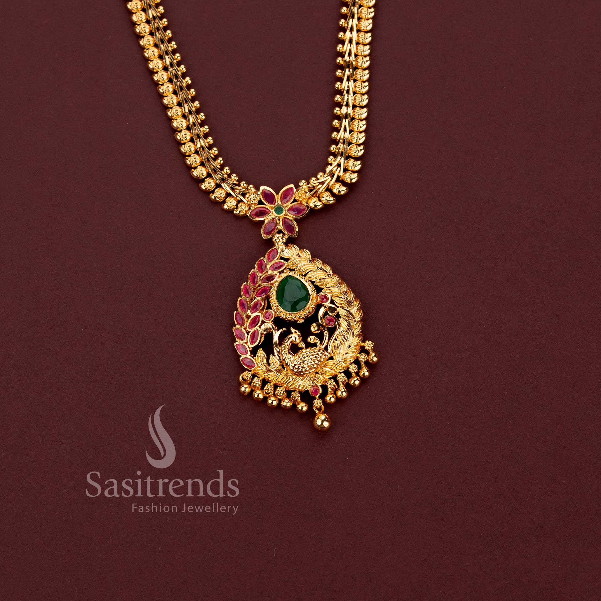 One Gram 24K Micro Gold Plated Peacock AD Stone Drop Necklace - Sasitrends