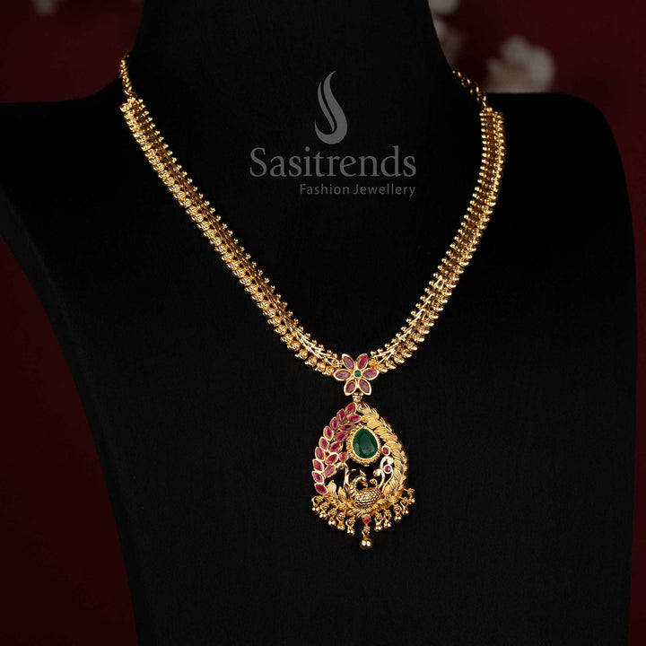Imperial Peacock AD Stone Pendant Micro Gold Textured Chain Necklace - Sasitrends