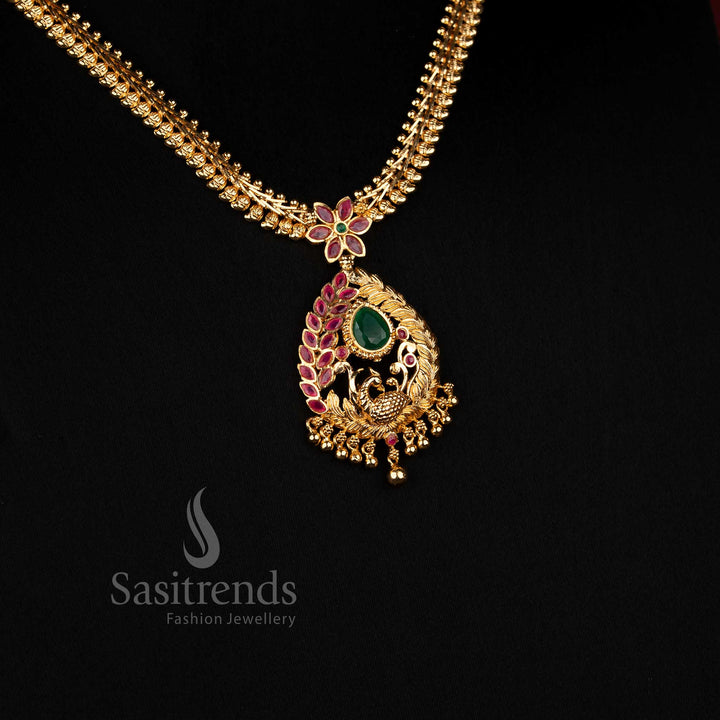 Micro Gold Plated Peacock AD Stone Necklace with Golden Bead Drops - Sasitrends