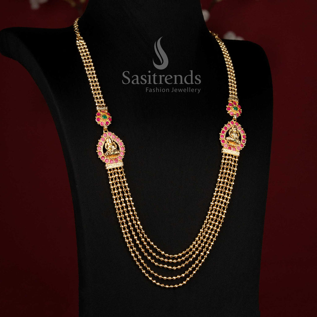 Micro Gold Plated Five-Layered Golden Bead Necklace Set with Mugappu Motif - Sasitrends
