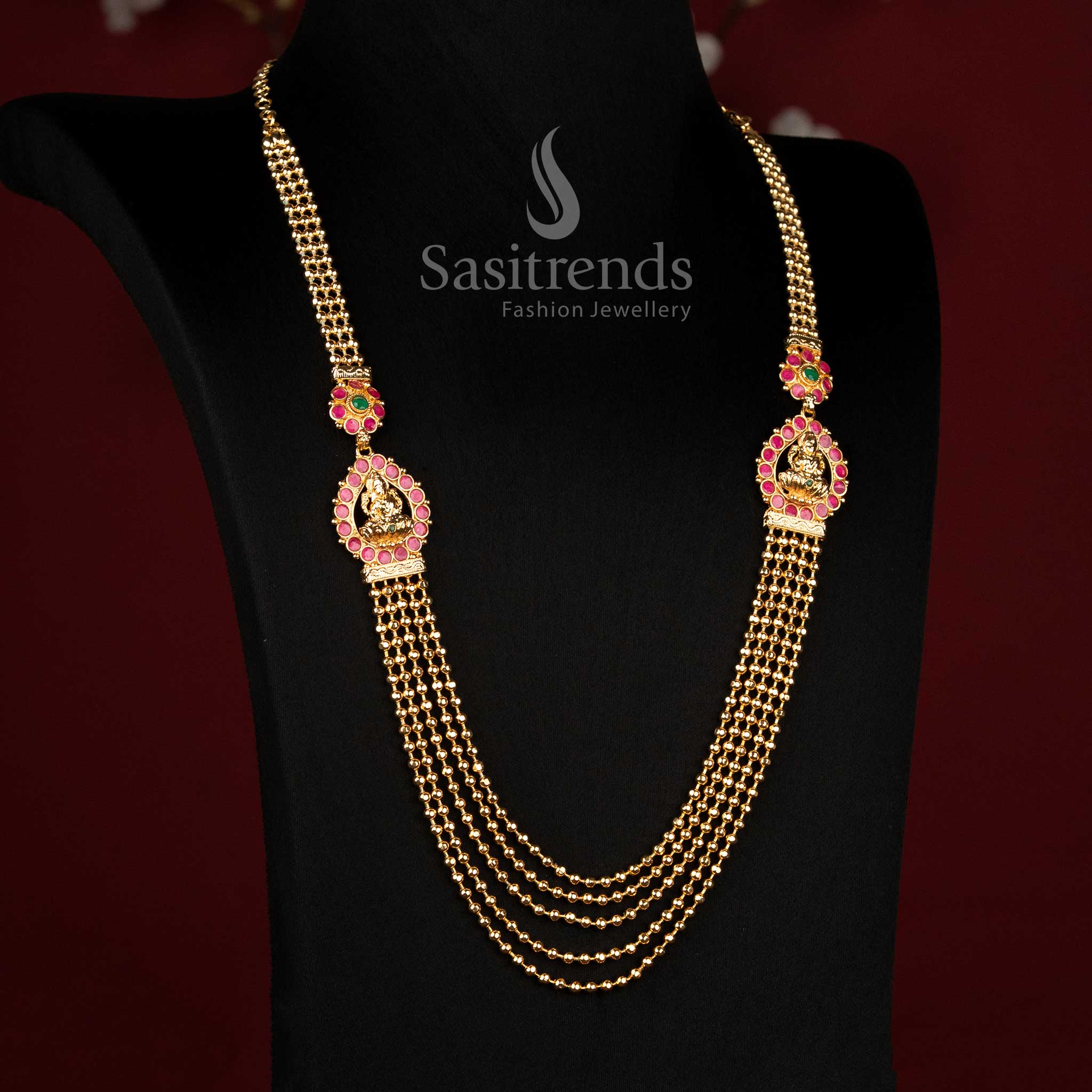 Micro Gold Plated Five-Layered Golden Bead Necklace Set with Mugappu Motif - Sasitrends