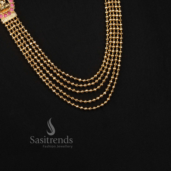 Traditional Five-Layered Micro Gold Plated Golden Bead Necklace with Mugappu Design - Sasitrends