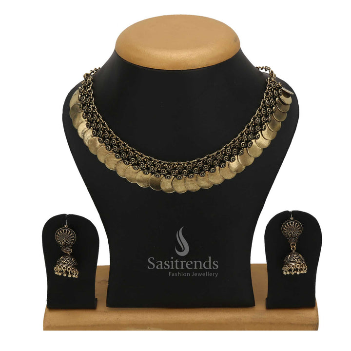 Sasitrends Oxidised Jewellery Set - Traditional Plain Coin Necklace & Jhumka in Silver & Gold