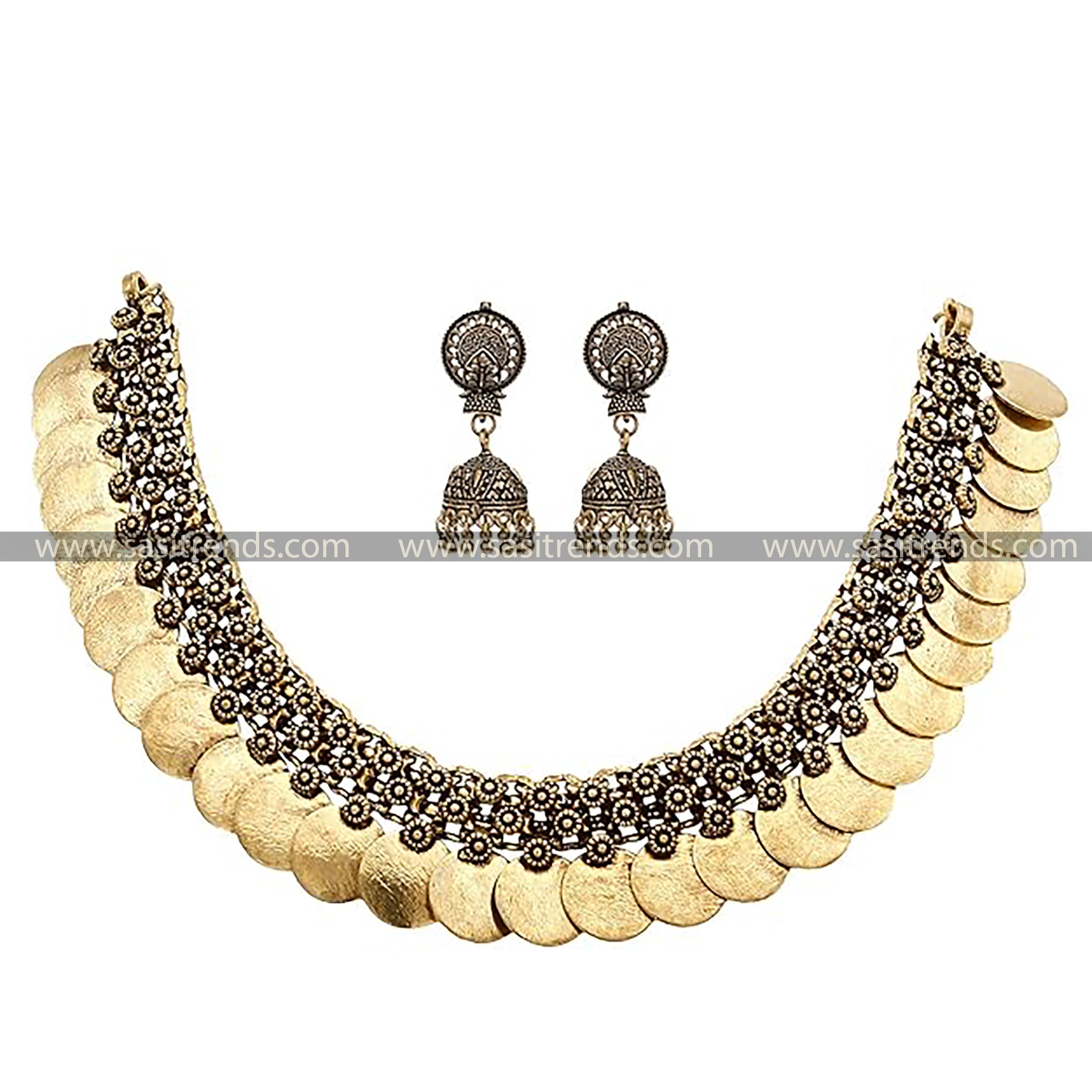 Heritage Antique Gold Coin Jewellery Set paired with matching jhumkas, perfect for an opulent traditional ensemble.