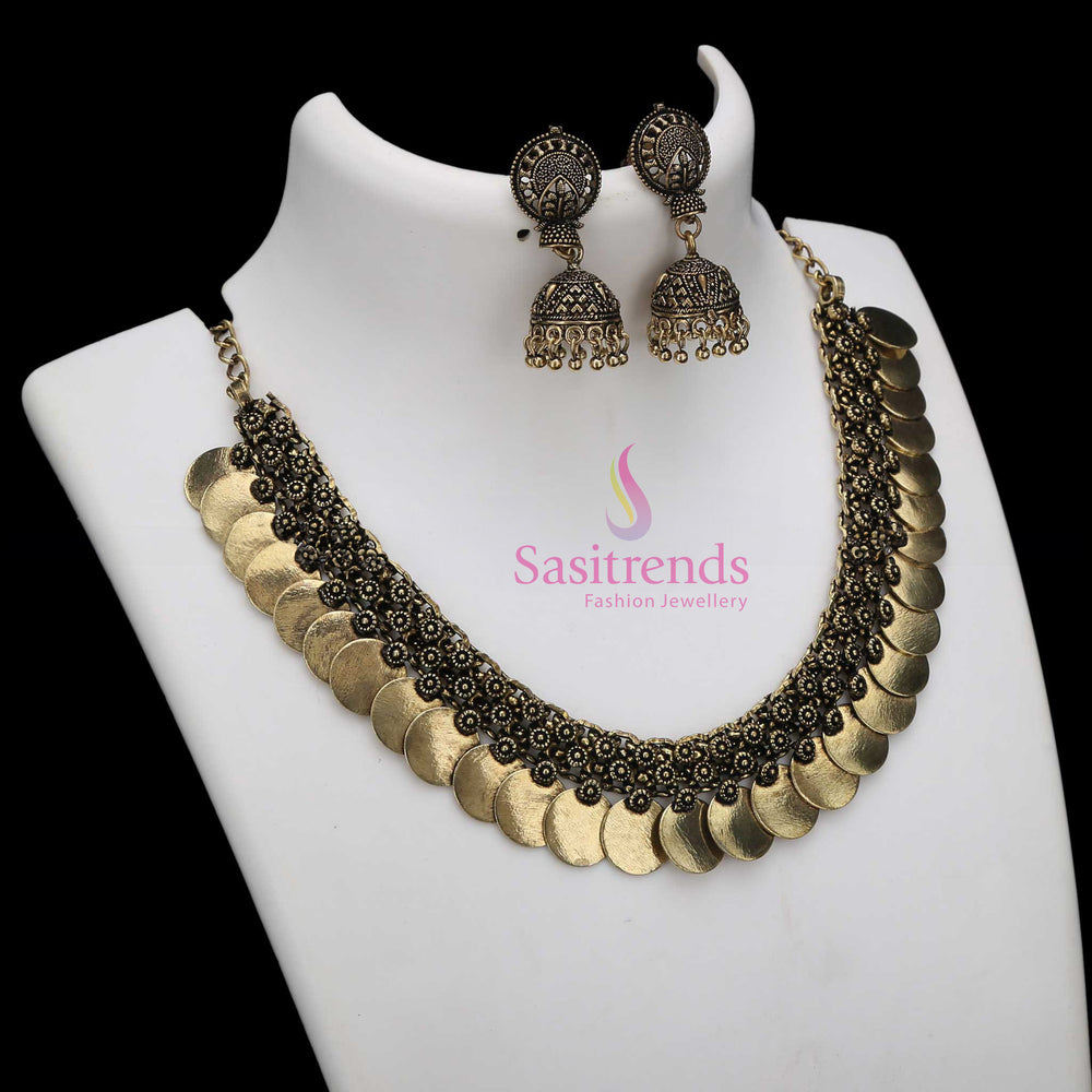 Antique Gold Traditional Coin Design Necklace with Classic Jhumka Earrings—a royal temple-wear jewellery set crafted for festive occasions and sacred rituals – Sasitrends