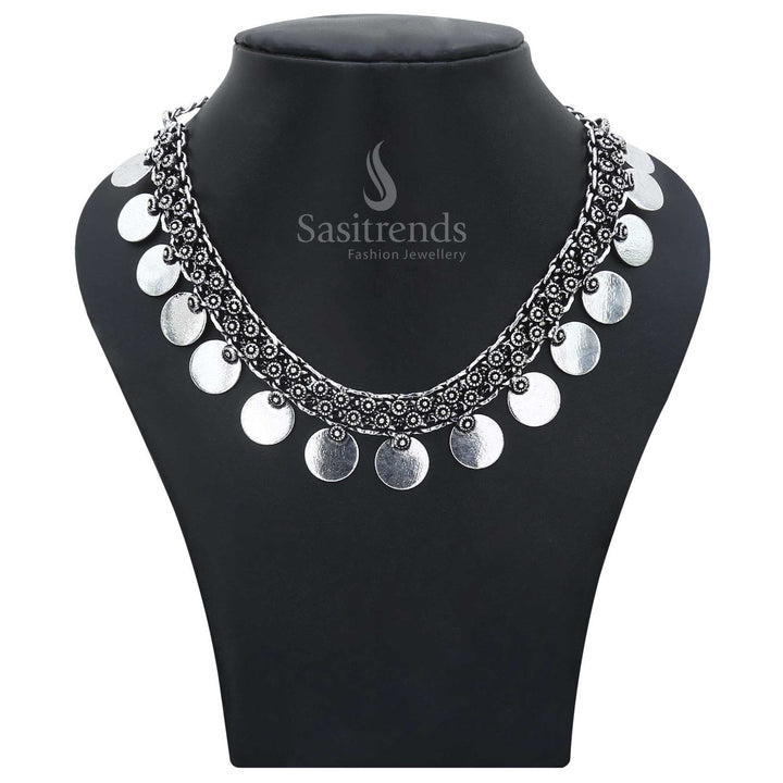 Latest Oxidised Gapped Plain Coin Necklace in Silver or Gold Finish