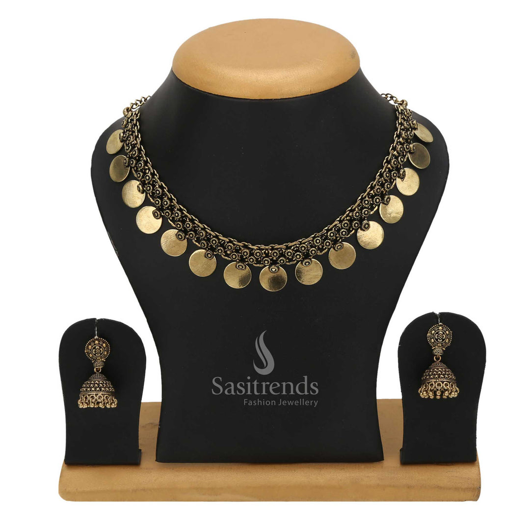Classic Antique Gold Plain Coin Gap Necklace with Dangling Jhumka Earrings—a temple-inspired jewellery set designed for marriages, rituals, and cultural events – Sasitrends