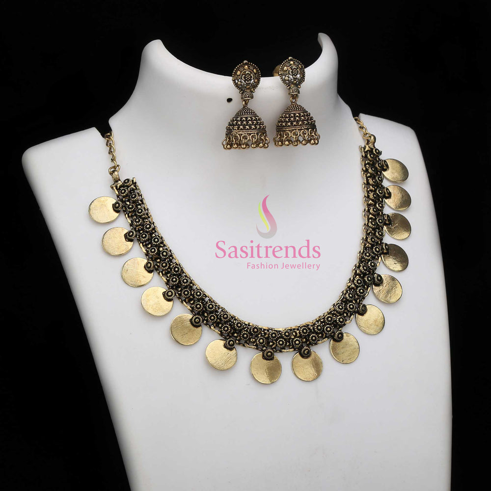 Antique Gold Gapped Coin Necklace with Elegant Jhumkas—a traditional South-style jewellery set perfect for ethnic outfits and grand festive looks – Sasitrends