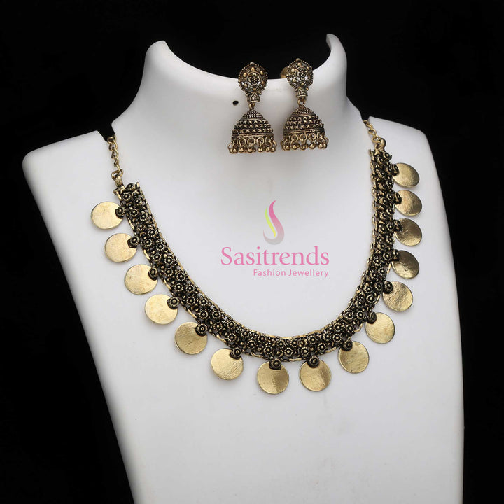 Antique Gold Gapped Coin Necklace with Elegant Jhumkas—a traditional South-style jewellery set perfect for ethnic outfits and grand festive looks – Sasitrends