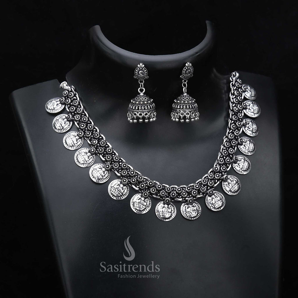 Oxidised Silver Dual-Finish Lakshmi Gap Coin Necklace with Regal Peacock Jhumkas—traditional temple jewellery set for cultural festivities, rituals, and divine ethnic elegance – Sasitrends