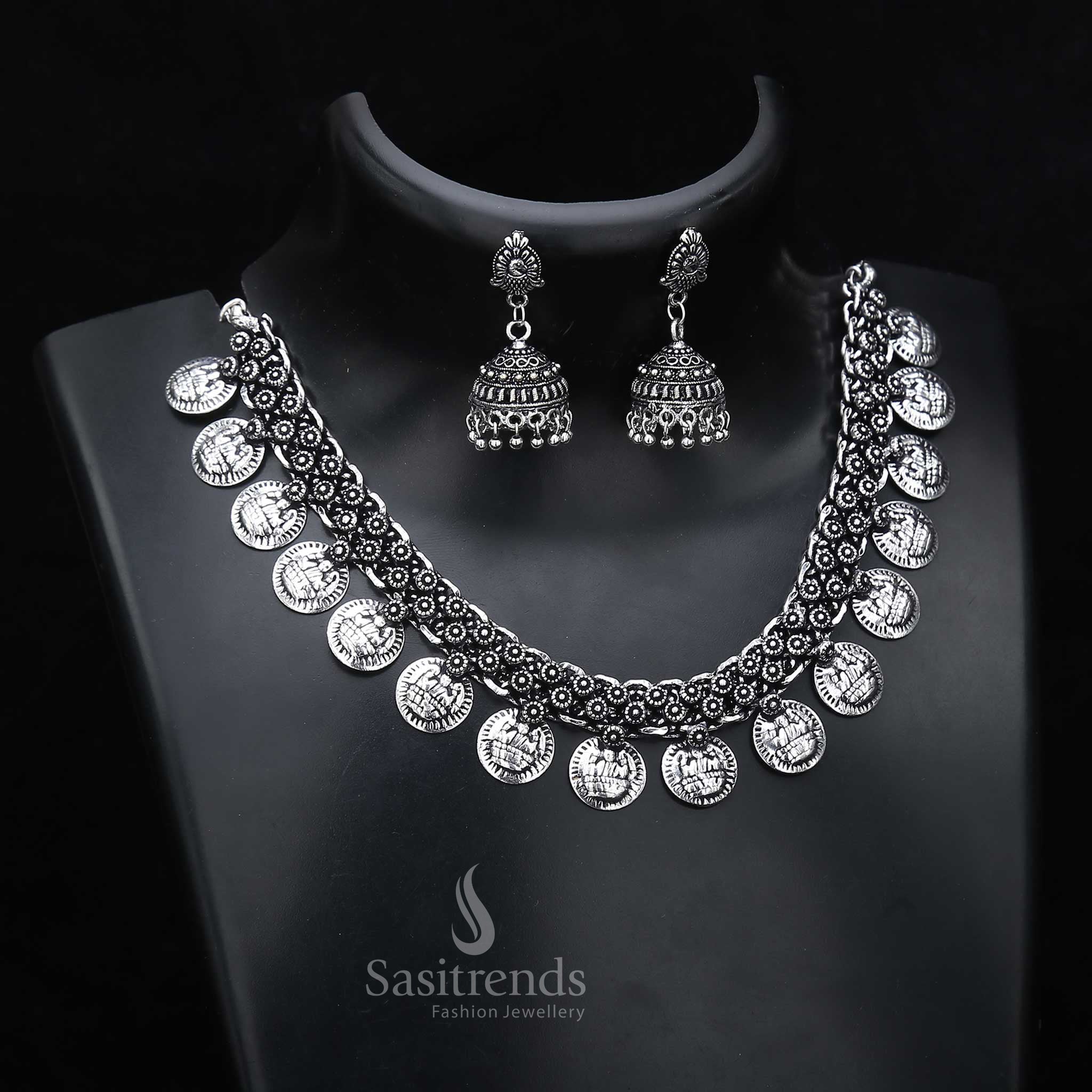 Oxidised Silver Dual-Finish Lakshmi Gap Coin Necklace with Regal Peacock Jhumkas—traditional temple jewellery set for cultural festivities, rituals, and divine ethnic elegance – Sasitrends