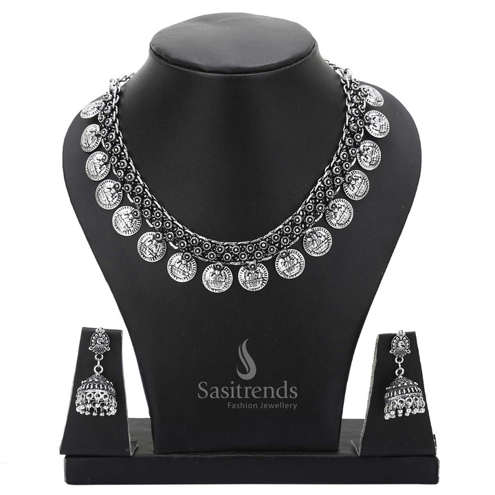 Dual-Finish Lakshmi Gap Coin Necklace & Peacock Jhumkas Jewellery Set - Oxidised Silver/Antique Gold
