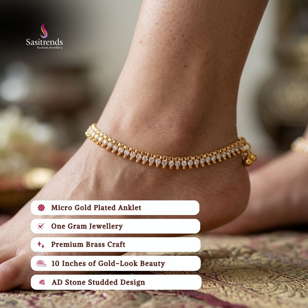 Guaranteed real gold look 24k micro gold plated AD stone anklets model image - Sasitrends