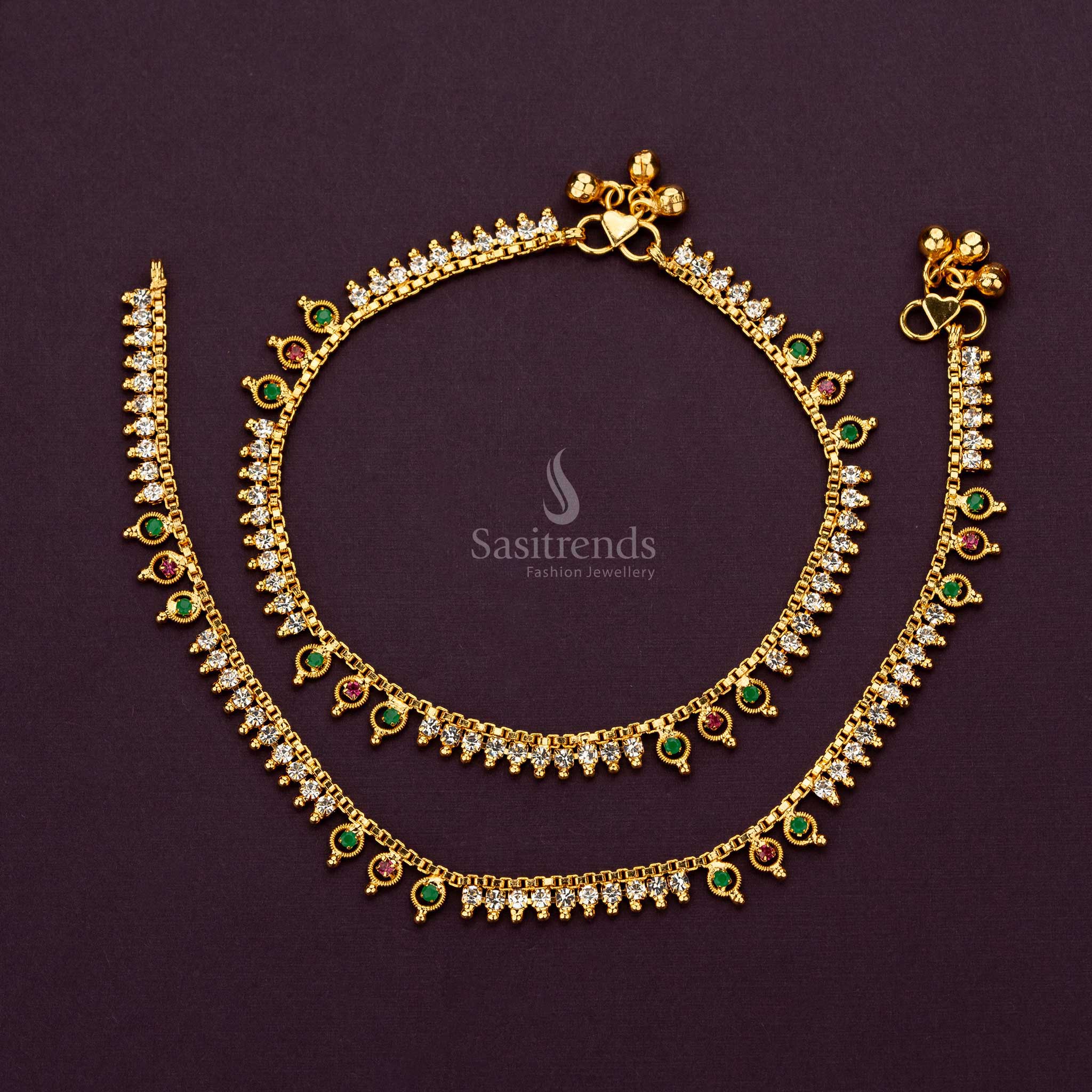 Traditional One Gram Micro Gold Plated Anklets With AD Stones And Gold Accents - Sasitrends - Sasitrends