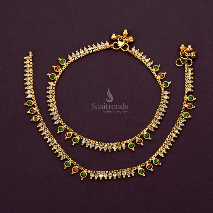 Traditional One Gram Micro Gold Plated Anklets With AD Stones And Gold Accents - Sasitrends - Sasitrends