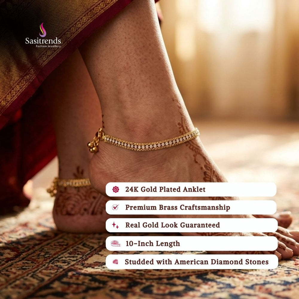 Guaranteed real gold look 24k micro gold plated AD stone anklets model image - Sasitrends
