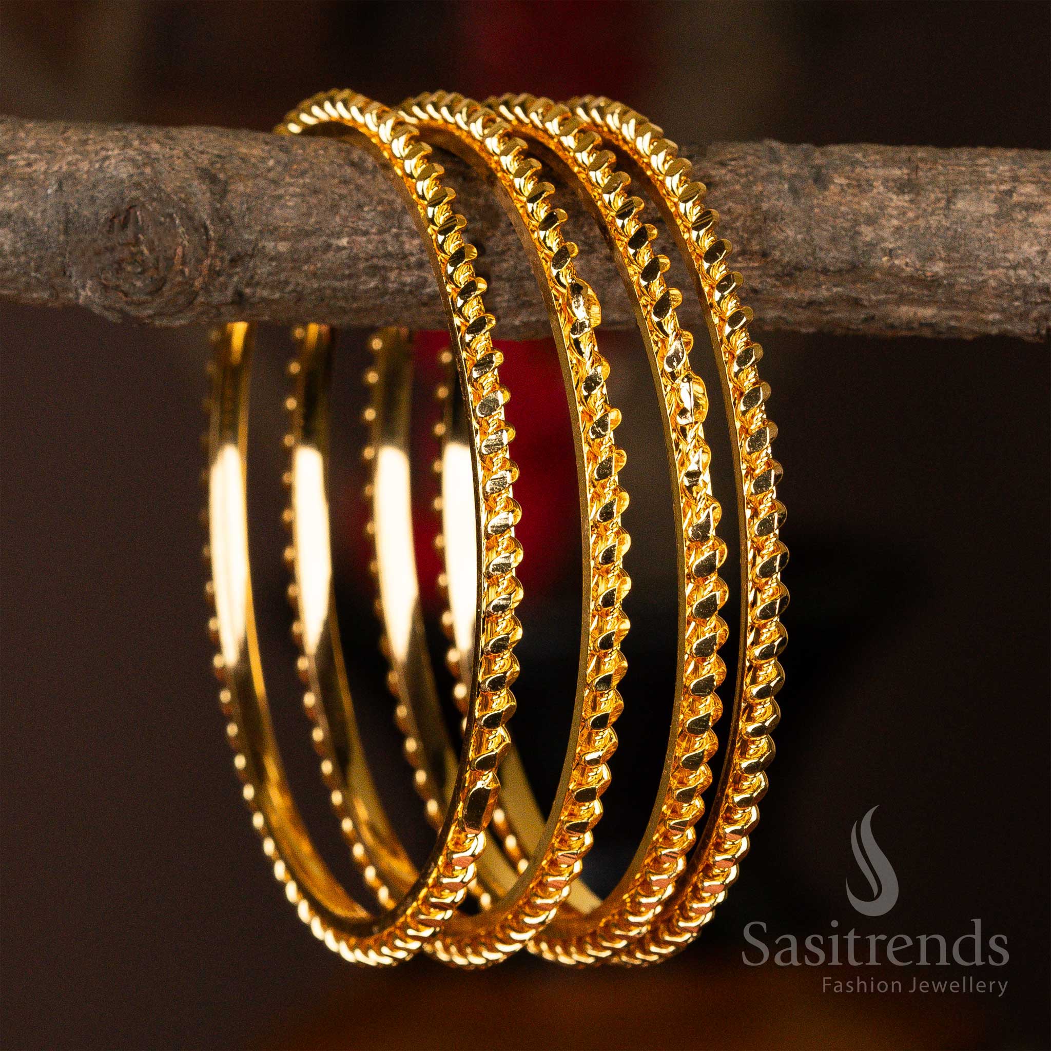 Four-piece set of twisted micro gold-plated kada bangles, shimmering with a delicate twist pattern - Sasitrends