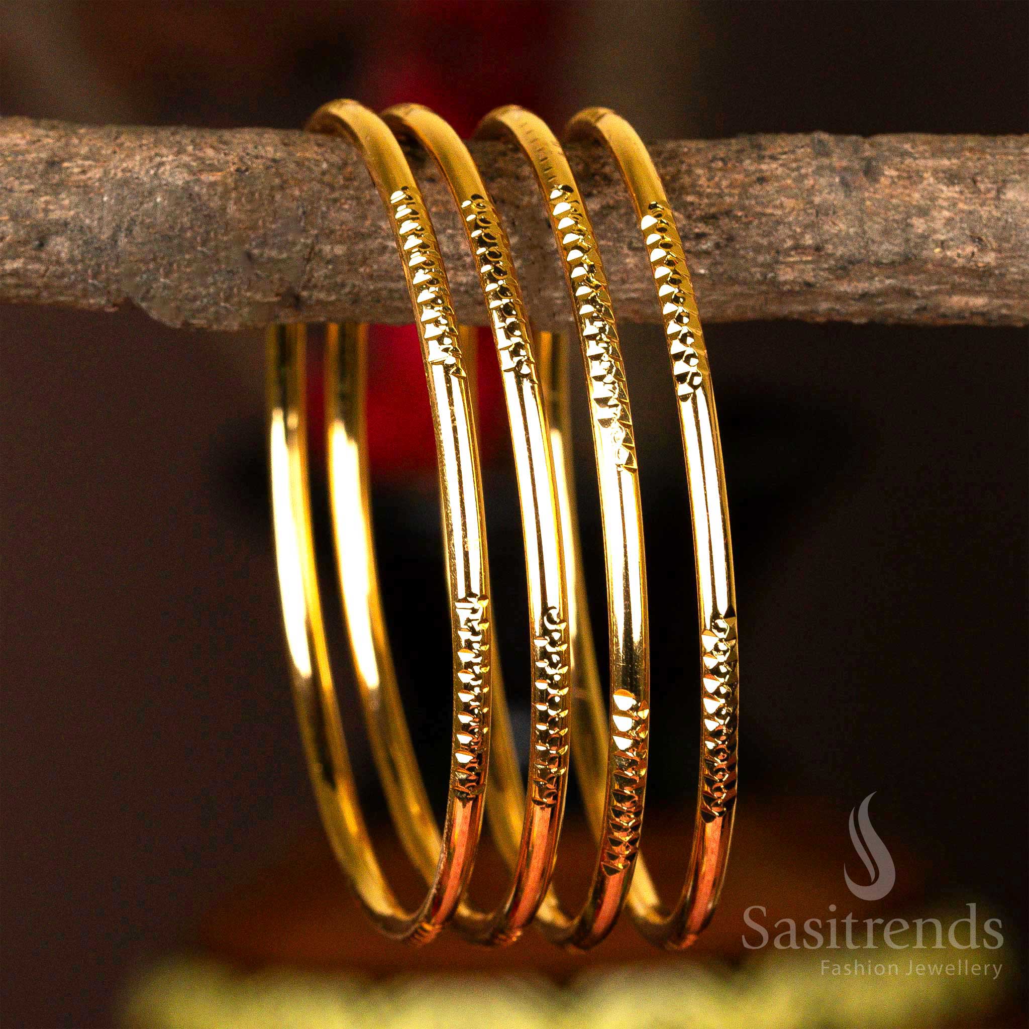 Set of four micro gold-plated kada bangles with intricate textural engravings - Sasitrends